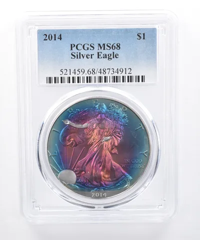 2014 American Silver Eagle MS68 PCGS Blue/Purple Tone *8442