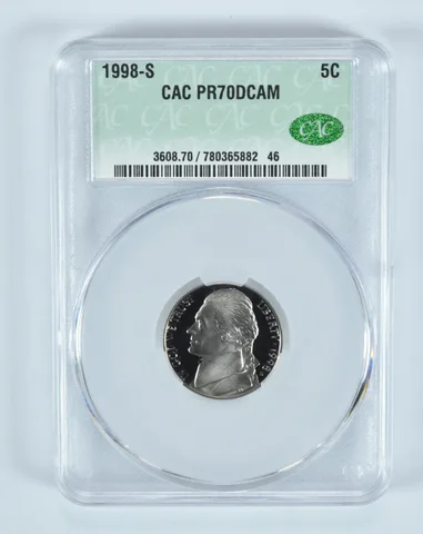 1998-S Jefferson Nickel PR70 DCAM CAC CACg