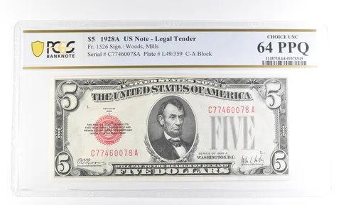 1928 A $5 US Legal Tender Fr#1526 Choice Unc 64 PPQ PCGS *2416