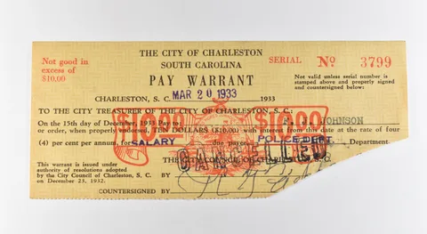 1933 $10 Charleston SC Pay Warrant Cancelled *3183