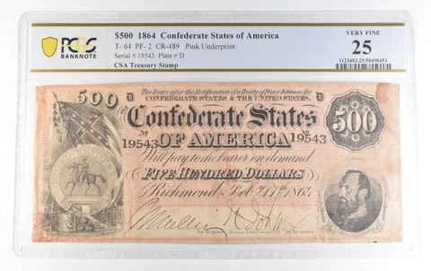 1864 $500 Confederate T-64 PF-2 CR-489 Pink Underprint Very Fine 25 PCGS *0136