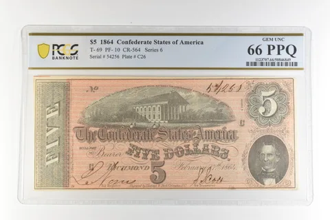 1864 $5 Confederate States America T-69 PF-10 CR-564 Gem Unc 66 PPQ PCGS *4485