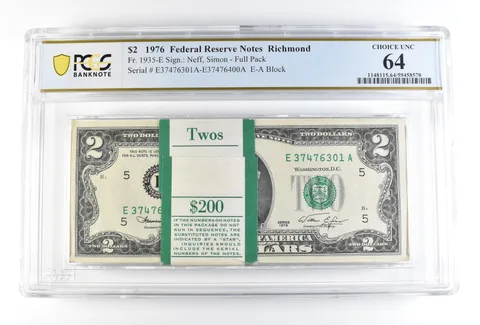 1976 $2 Richmond VA FRN Fr#1935-E Full Pack Choice Unc 64 PCGS *9118