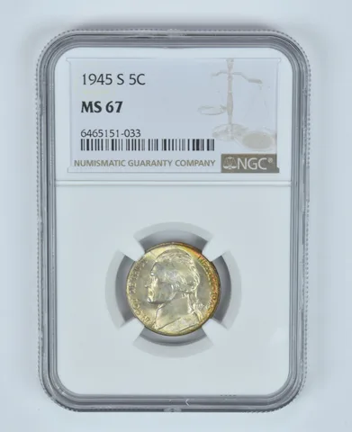 MS67 1945-S Jefferson Nickel NGC RAINBOW TONED a5719