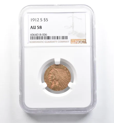 1912-S $5 Indian Head Gold Half Eagle AU58 NGC *6523