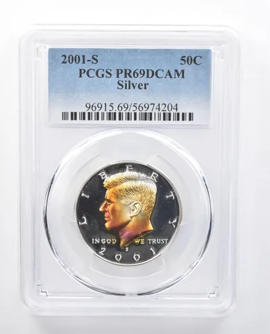 2001-S Kennedy Half Dollar Silver PR69 DCAM PCGS Red/Yellow Tone *7681