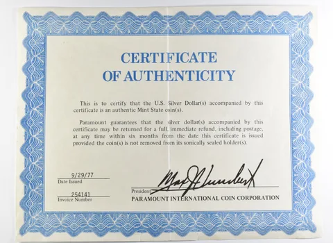1977 US Silver Dollar Paramount CoA a9909