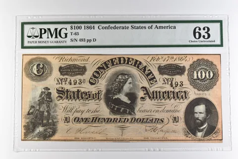 1864 $100 Confederate States of America T-65 Choice Uncirculated 63 PMG *0965