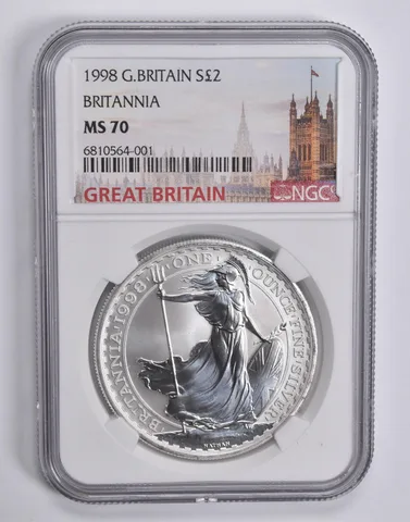 1998 Great Britain 2 Pounds 1 Oz Silver Britannia MS70 NGC Britain Label