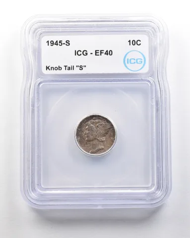 1945-S Mercury Dime Mint Error Knob Tail "S" EF40 ICG *1624