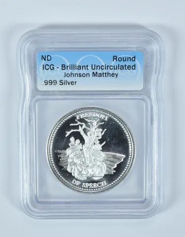 (ND) Silver Art Round 1 Oz Freedom Of Speech Johnson Matthey BU ICG