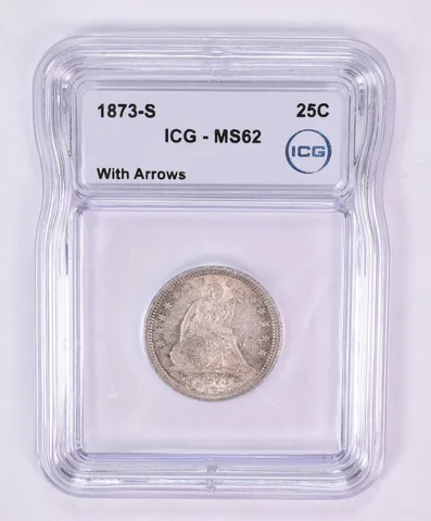 1873-S Seated Liberty Quarter With Arrows MS62 ICG Beautiful Tone *1196