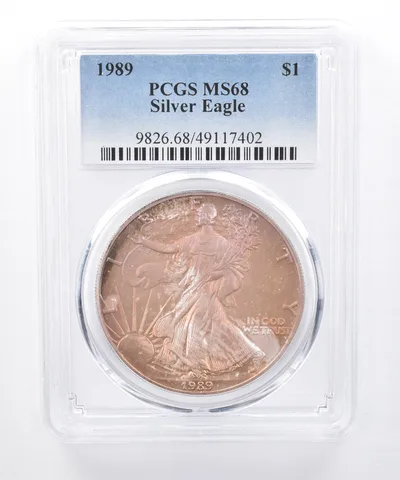 1989 American Silver Eagle MS68 PCGS Purple/Rose Tone *8392