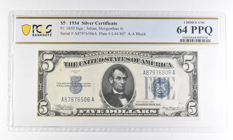 1934 $5 Silver Certificate Fr#1650 Choice Unc 64 PPQ PCGS a2818