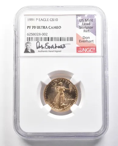 1991-P $10 American Gold Eagle Everhart 1/4 Oz Gold PF70 UCAM NGC *4358