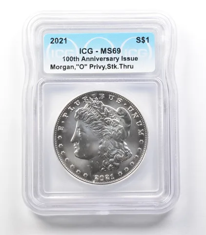 ERROR 2021 "O" Privy Mark Morgan Silver Dollar Struck Thru MS69 ICG *3651