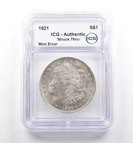 1921 Morgan Silver Dollar Mint Error Struck Thru Authentic ICG *7522
