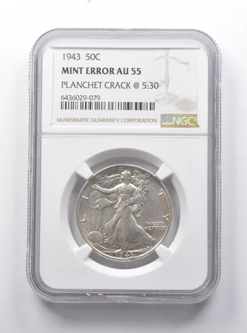 Error AU55 1943 Walking Liberty Half Dollar Planchet Crack @ 5:30 NGC *7903