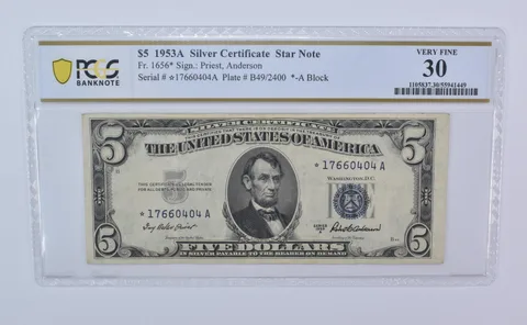 1953 A $5 Silver Certificate Star Note Fr#1656* Very Fine 30 PCGS *8121