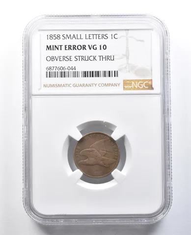 1858 Small Letters Flying Eagle Cent Mint Error Obv Struck Thru VG10 NGC *8221