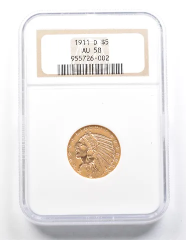 1911-D $5 Indian Head Gold Half Eagle AU58 NGC *1297