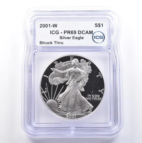 2001-W American Silver Eagle Mint Error Struck Thru PR69 DCAM ICG *9113