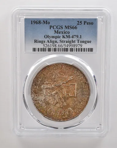 1968 Mo Mexico 25 Pesos Silver Olympic Rings Align MS66 PCGS Nice Tone *4340