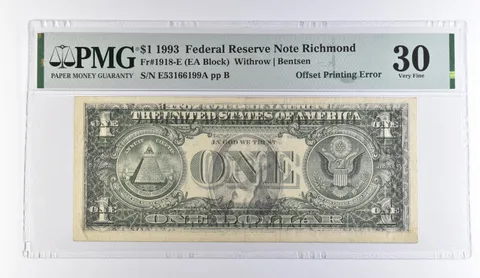 1993 $1 Richmond VA FRN OffPrinting Error Fr#1918-E VF 30 PMG *9485