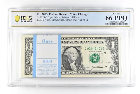 (100) 2003 $1 Chicago IL FRN Fr#1929-G Full Pack Gem Unc 66 PPQ PCGS *0196