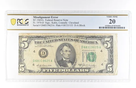 1969 A $5 Cleveland OH FRN Misalignment Error Fr#1970-D Very Fine 20 PCGS *5816
