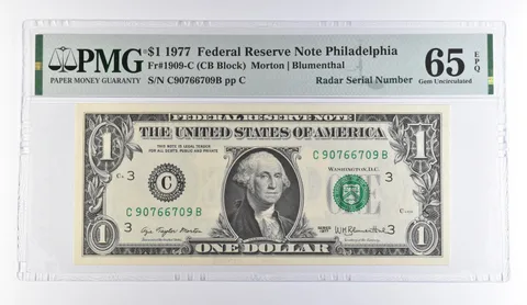 1977 $1 Philadelphia PA FRN Radar S/N Fr#1909-C Gem Unc 65 EPQ PMG *9513