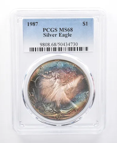 1987 American Silver Eagle MS68 PCGS Blue/Purple Tone *8679