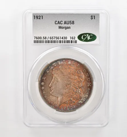 1921 Morgan Silver Dollar AU58 CAC CACg Beautiful Tone *0487