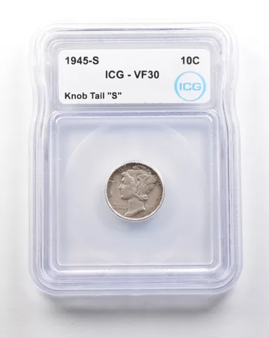 1945-S Mercury Dime Mint Error Knob Tail "S" VF30 ICG *1724
