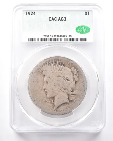 1924 Peace Silver Dollar AG3 CAC Lowball *7267
