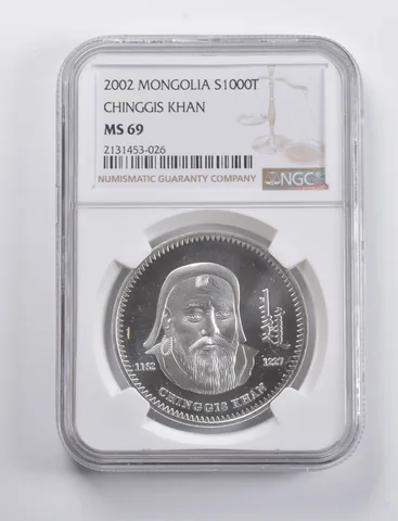 MS69 2002 Mongolia 1000 Tugrik Silver Chinggis Khan NGC a4815