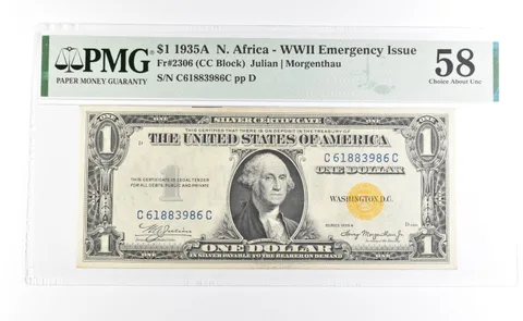 PMG 58 AU 1935 A $1 North Africa WWII Emergency Issue Yellow Seal Fr#2306 *1111