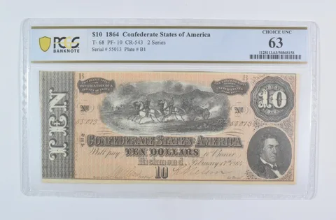 1864 $10 Confederate States T-68 PF-10 CR-543 Choice Unc 63 PCGS *5879
