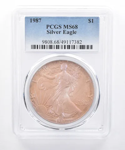 1987 American Silver Eagle MS68 PCGS Purple/Pink Tone *8499