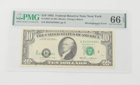 Gem UNC 66 EPQ 1985 $10 FRN NY - FR#2027-B Misalignment Error - PMG a6576