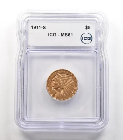 1911-S $5 Indian Head Gold Half Eagle MS61 ICG a6738