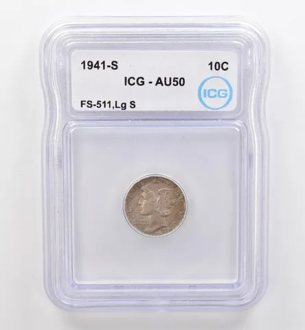 1941-S Mercury Dime FS-511 Large S AU50 ICG Beautiful Tone *9127