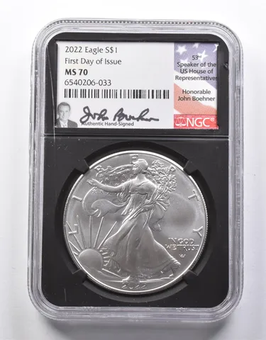MS70 2022 American Silver Eagle FDOI John Boehner Signed NGC a8644