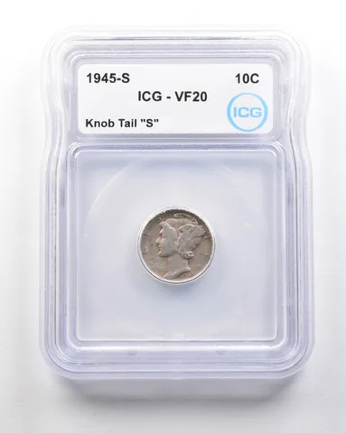 1945-S Mercury Dime Mint Error Knob Tail "S" VF20 ICG *1721