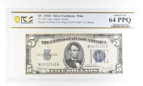 1934 C $5 Silver Certificate Wide Fr#1653 Choice Unc 64 PPQ PCGS a2780