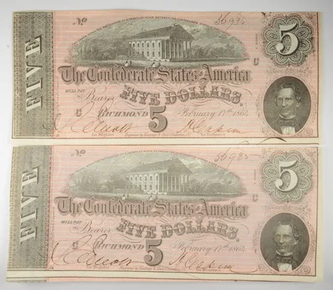 Lot (2) 1864 $5 Confederate States Of America Large Consecutive Notes a1119