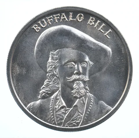 VINTAGE Art Bar/Round Wild West LegendsBuffalo Bill .999 Silver 1 T Oz *844