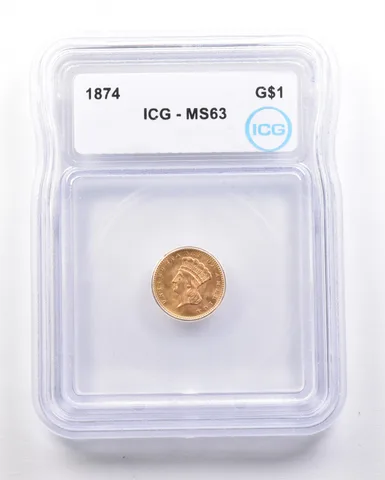 1874 $1 Indian Princess Head Gold Dollar MS63 ICG a4796
