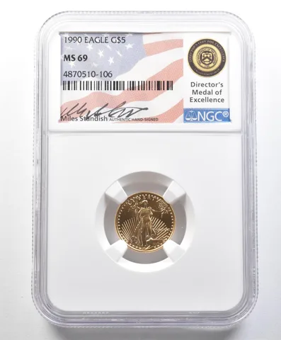 1990 $5 American Gold Eagle Standish Medal Of Excellence 1/10 Oz MS69 NGC a8967