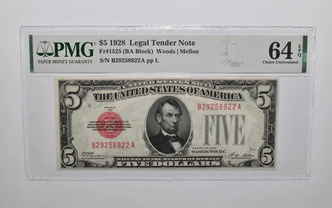 PMG 64 EPQ $5 1928 US Legal Tender Note FR#1525 (BA Block) Red Seal a4722